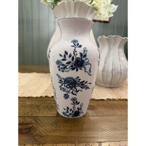 Blue White Floral Ceramic Vase Chinoiserie Spring Home Decor 9” NEW